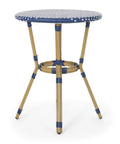 Picardy Outdoor Bistro Table In Dark Teal White And Bamboo Print Finish With Aluminum Frame And Wicker Wrappings French Inspired Cafe Style For Cozy Backyard Vibes