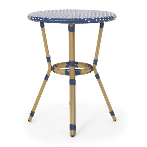 Picardy Outdoor Bistro Table In Dark Teal White And Bamboo Print Finish With Aluminum Frame And Wicker Wrappings French Inspired Cafe Style For Cozy Backyard Vibes