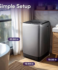 Full Automatic Portable Washer And Spinner Combo Featuring Ten Custom Wash Cycles And Eight Water Levels No Fuss Plug In Design For Tight Apartments And RV Quarters Heavy Duty Load Handling Sweet Space Saver Grey near window with dimensions.