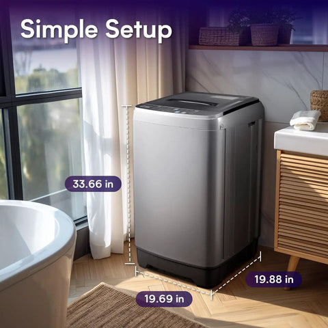 Full Automatic Portable Washer And Spinner Combo Featuring Ten Custom Wash Cycles And Eight Water Levels No Fuss Plug In Design For Tight Apartments And RV Quarters Heavy Duty Load Handling Sweet Space Saver Grey near window with dimensions.
