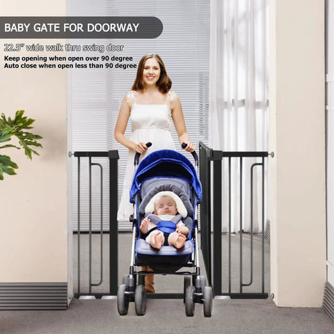 Woman with stroller beside 36 Inch Tall Stair Baby Gate With Door, Extra Wide Adjustable From 29.3 Inches To 51.5 Inches, Pressure Mounted