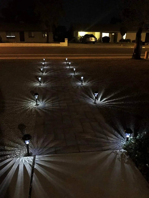 Sweet 6 Pack Silver Solar Path Lights With Glass Lens And Metal Ground Stakes, Extra Bright LEDs illuminating walkway