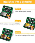 Grab And Go Portable Digital Pocket Scale With 200 G Capacity And 0.01 G Precision, instructions for container weighing process.