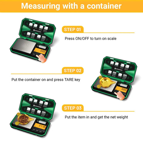 Grab And Go Portable Digital Pocket Scale With 200 G Capacity And 0.01 G Precision, instructions for container weighing process.