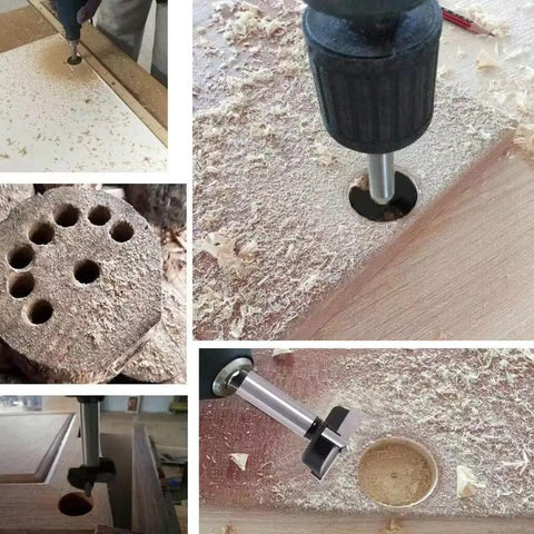 Master Crafted Tungsten Carbide Forstner Drill Bit 20Mm drilling into wood with clean hole and wood shavings around.