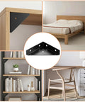 Four Pack Corner Brackets 66mm By 66mm Right Angle Shelf Braces in black metal on wood shelf and desk