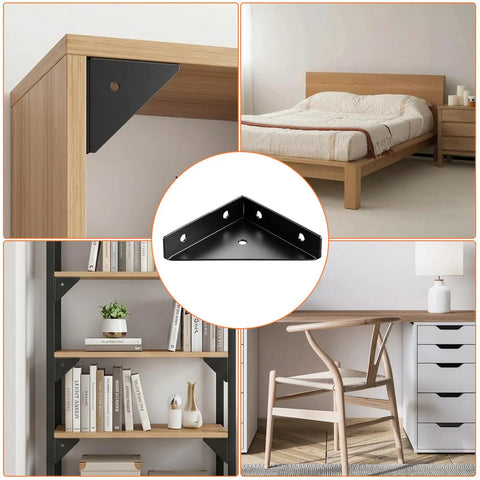 Four Pack Corner Brackets 66mm By 66mm Right Angle Shelf Braces in black metal on wood shelf and desk