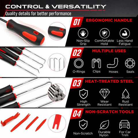 Detailed view of 15 Piece Pick And Hook Tool Set for auto repair with magnetic pickup and ergonomic features highlighted.