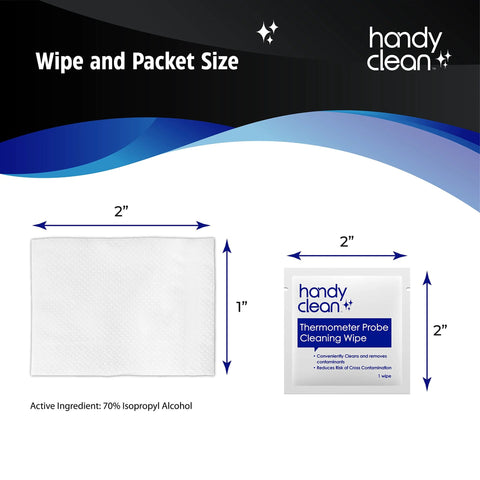 HandyClean thermometer cleaning wipes, white 2x1 in wipe and 2x2 in packet, 70% isopropyl alcohol