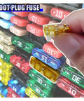 20 Pack Micro 3 Prong Car Blade Fuses Kit With Clear Window Inserts, 5A 7.5A 10A 15A Each, shown in an organized rack