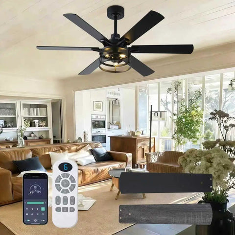 52 Inch Farmhouse Ceiling Fan With Light And Remote Black Industrial Caged Rustic Ceiling Fan With 6 Speed Reversible Motor