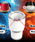 Ride Ready Two In One Car Cup Cooler Warmer And Smart Auto Tumbler Holder That Keeps Your Daily Brew Iced Down Or Steaming Hot In Minutes Perfect For Road Trips And The Daily Grind White Silver with temperature control buttons.