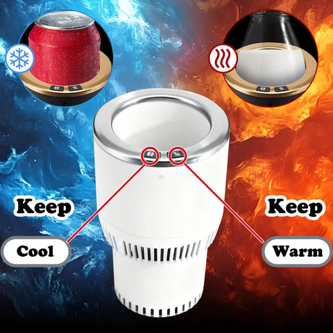 Ride Ready Two In One Car Cup Cooler Warmer And Smart Auto Tumbler Holder That Keeps Your Daily Brew Iced Down Or Steaming Hot In Minutes Perfect For Road Trips And The Daily Grind White Silver with temperature control buttons.
