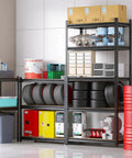 Heavy Duty 2000 Lb 5 Tier Metal Garage Shelving Unit With Wood Shelves, tools and tires organized on rack, Black