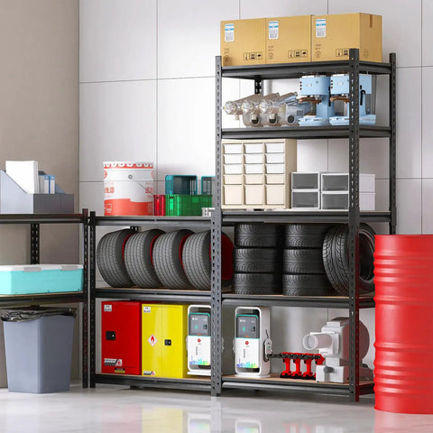 Heavy Duty 2000 Lb 5 Tier Metal Garage Shelving Unit With Wood Shelves, tools and tires organized on rack, Black