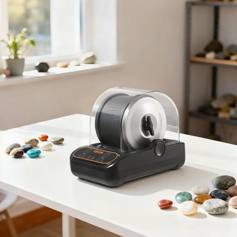 Pro Grade Rock Tumbler Kit 3 lb capacity with TPU drum on a table, surrounded by polished stones, shown in a bright room.