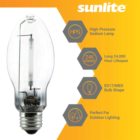 High Pressure Sodium Light Bulb 70 Watt 6000 Lumen Hella Bright ED17 MED Base E26 ANSI S62 2100K Warm Clear Glass