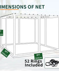 Diagram showing dimensions of Universal 8x8 Gazebo Mosquito Netting With Zipper 4 Panel, 7 ft tall, 8 ft wide, 52 rings included