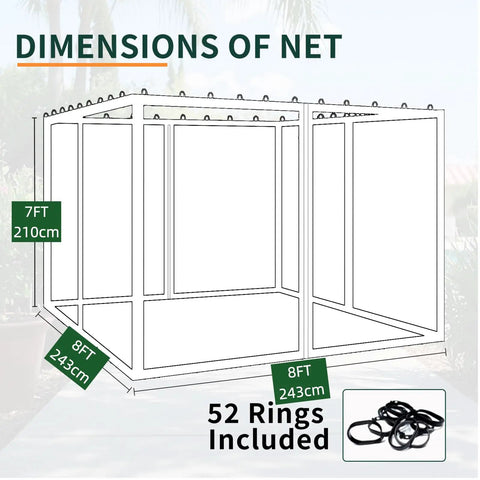 Diagram showing dimensions of Universal 8x8 Gazebo Mosquito Netting With Zipper 4 Panel, 7 ft tall, 8 ft wide, 52 rings included