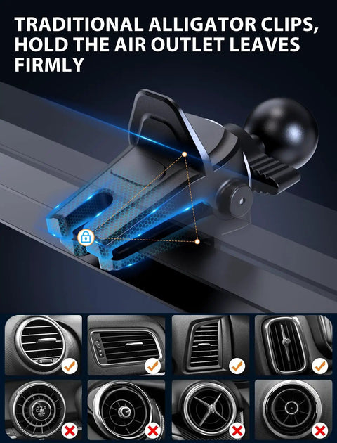 Close-up of alligator clip on Wireless Car Charger Mount With Auto Clamping Air Vent Phone Holder, compatible vent types shown.