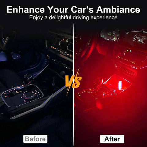 2 Pack Car USB Night Light Bulbs create red ambient lighting in car interior, enhancing night-time ambiance for vehicle interiors.