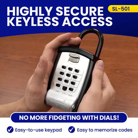 Person holding Outdoor Key Lock Box With Keypad Digital Push Button Combination Lock Portable Shackle Safe Box