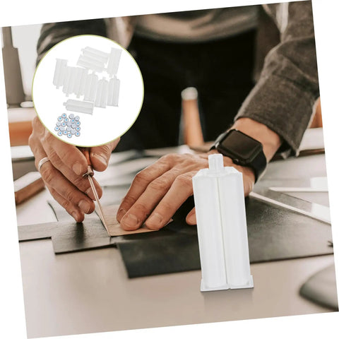 Dual Component AB Glue Cartridge With Piston For Epoxy Gun Adhesive Dispenser Tubes Plastic Dual Glue Tube For Pro Shop And DIY Use High Volume Reliable Flow For Large Batch Dispensing With Mixer Continuous, white cartridge on desk