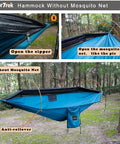 Camping Hammock With Mosquito Net And Rain Fly Tarp For Outdoor Adventures, Portable Double Hammock set up between trees