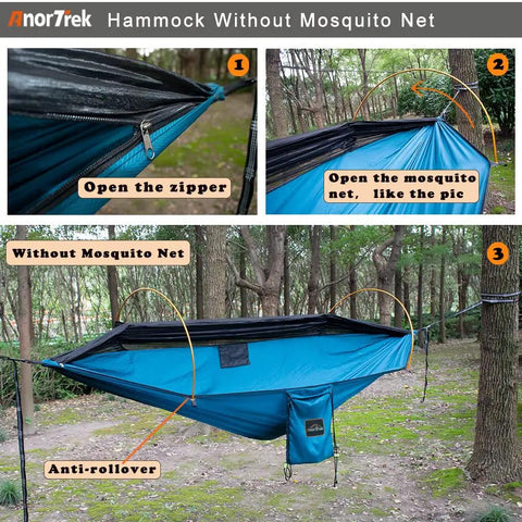 Camping Hammock With Mosquito Net And Rain Fly Tarp For Outdoor Adventures, Portable Double Hammock set up between trees
