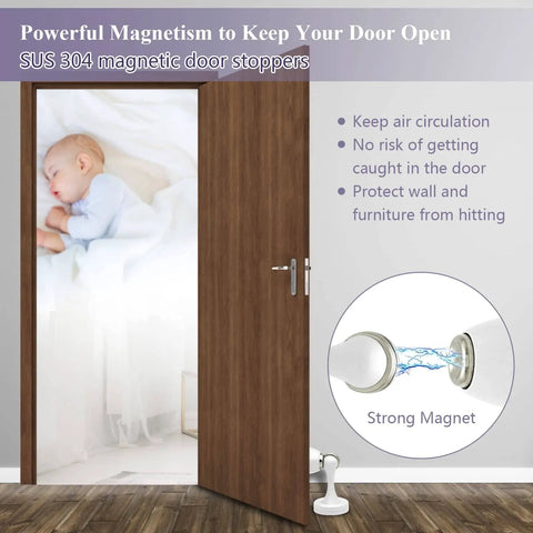 Keep Doors Open With Heavy Duty Magnetic Door Stops White Wall And Floor Mount Set Stainless Steel Construction Weatherproof And Rust Resistant Magnetic Door Catch Keeps Doors Propped In Breezy Weather 2 Pack with strong magnet illustration