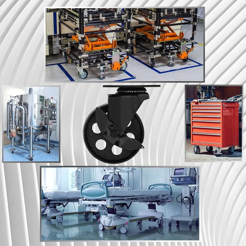 All Black Metal Swivel Plate Caster Wheels With Brake Lock, Heavy Duty 4 Inch Iron Casters for industrial carts and equipment