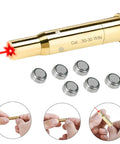 Red Dot Laser Bore Sighter For 30-30 Win Caliber Rifle Bore Sight Tool with red laser and batteries, close-up handling steps shown.