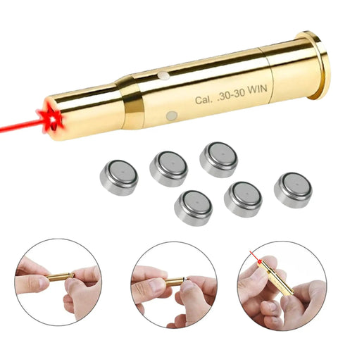 Red Dot Laser Bore Sighter For 30-30 Win Caliber Rifle Bore Sight Tool with red laser and batteries, close-up handling steps shown.