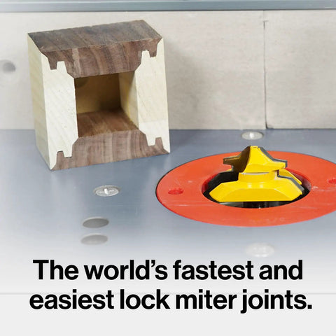 Grab This Knockout Lock Miter Router Bit For Flawless Woodworking Joints With Zero Sweat Setup And A Pro Grade Half Inch Shank That Guarantees Dead On Cabinet Alignment Every Single Project, showcasing a wooden joint with miter router bit.