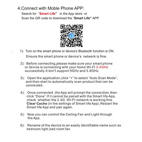 Instructions for connecting Smart WiFi Ceiling Fan Remote Kit With Alexa Google Assistant And Smart Life App to mobile phone.
