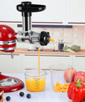 Masticating Juicer Attachment For Stand Mixers And Cuisinart SM50 Series Slow Cold Press Juicing attached to mixer with fresh juice