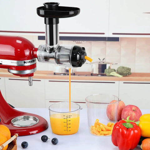 Masticating Juicer Attachment For Stand Mixers And Cuisinart SM50 Series Slow Cold Press Juicing attached to mixer with fresh juice