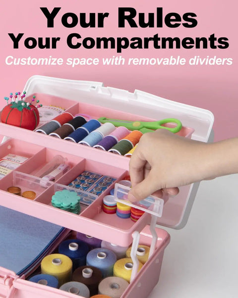 12 Inch 3 Layer Plastic Storage Organizer Box With Handy Handle Portable Folding Tackle Box Adjustable Dividers All In One Case For Sewing Arts Crafts Medicine Tools White Pink, open with sewing supplies and adjustable dividers.