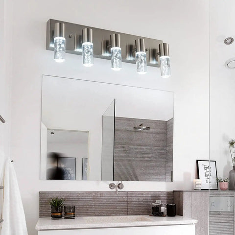 Five Light Brushed Nickel Vanity Light Fixture With 40W 6000K Non Dimmable LED in modern bathroom setting above mirror
