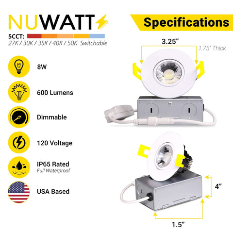 Kick Your Lighting Game Up A Notch With These Solid 3 Inch Gimbal Recessed Downlights 16 Pack 8W Led 600 Lumens Cct Switch 27k To 50k Dimmable Canless Ic Rated White Finish Get Lit Now specifications showing size and water resistance