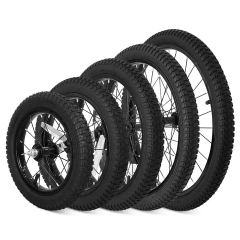 Set of children's bike wheels showing the 20 Inch Kids Bike Front Wheel Replacement with solid air rubber tire and inner tube.