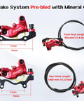 Zoom HB876E red hydraulic disc brake set, 4-piston, front view with 950 mm front hose for e-bike
Zoom HB876E red hydraulic disc brake calipers with black mounting bracket, side view
Close-up of red Zoom HB876E hydraulic disc brake caliper showing 4-piston design
Installed rear brake setup: red Zoom HB876E hydraulic disc brake with 1860 mm rear hose