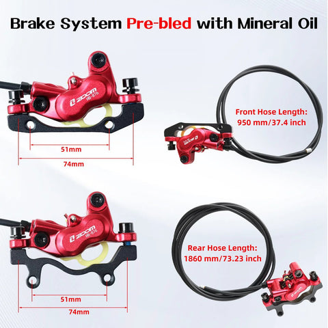 Zoom HB876E red hydraulic disc brake set, 4-piston, front view with 950 mm front hose for e-bike
Zoom HB876E red hydraulic disc brake calipers with black mounting bracket, side view
Close-up of red Zoom HB876E hydraulic disc brake caliper showing 4-piston design
Installed rear brake setup: red Zoom HB876E hydraulic disc brake with 1860 mm rear hose
