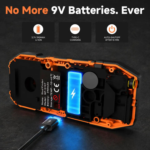 NOYAFA Stud Finder Wall Scanner with rechargeable battery and Type-C charging port, showcasing internal battery indicator.