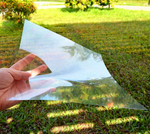 ZHluja 12x12 inch transparent PET acetate stencil sheet, 10 mil, held outdoors.