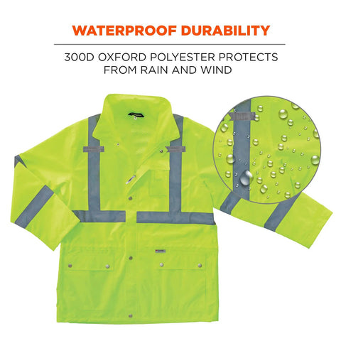 GloWear 8365 Rain Jacket High Visibility Reflective ANSI Compliant Lime Outerwear, waterproof 300D shell detail