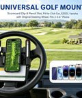 Flip Up Golf Cart Steering Wheel Phone Mount With 360 Adjustable Smartphone Holder And Clever Scorecard Slot For Crisp Fairway Views And A No Sweat Round, showing phone with golf course map.