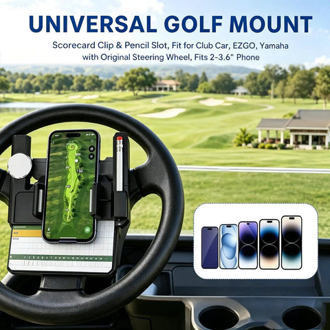 Flip Up Golf Cart Steering Wheel Phone Mount With 360 Adjustable Smartphone Holder And Clever Scorecard Slot For Crisp Fairway Views And A No Sweat Round, showing phone with golf course map.