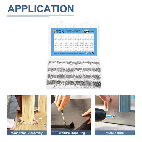 Laptop Repair Screw Kit With 1200 Self Tapping Phillips Screws In M1.2 To M1.7 Sizes Plus Elbow Tweezers Carbon Steel Nickel Plated Silver Finish Pro Grade For Upgrades And Notebook Repairs displayed with application examples.