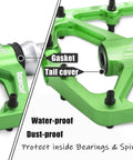 Close-up view of Grippy BMX MTB Pedals Fit 9 By 16 Inch Crank Lightweight Aluminum Mountain Bike Pedals With 3 Bearings, showing green CNC machined platform with gasket and tail cover.
